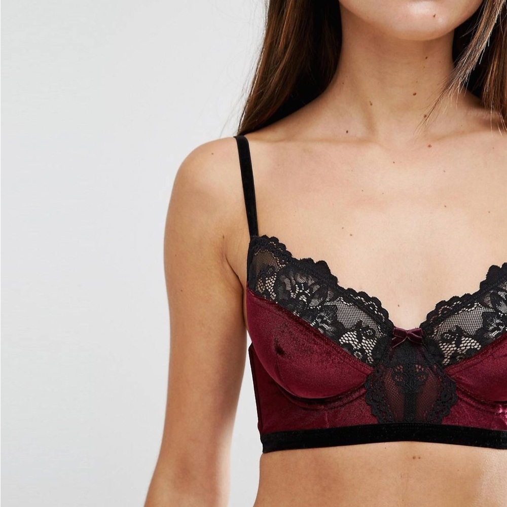 New Look Bordeaux Sultry Lace Burlesque Velvet Longline Bra 34D